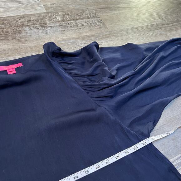 Lilly Pulitzer Navy Blouse Pleated Balloon Sleeve Gold Button Cuffs XL - Picture 6 of 7